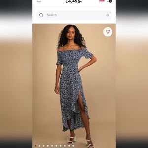 Fleur-tation Navy Blue Floral Print Off-the-Shoulder Midi Dress